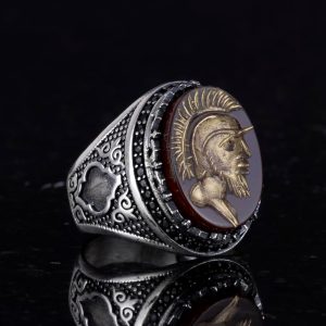 Gerçek Doğal Akik Taş Yüzük, Oymalı Taş Şaman Yüzüğü, 925 Ayar Gümüş Erkek Yüzüğü - Görsel 5