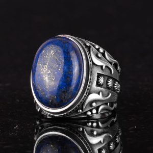 925 Ayar Katı Gümüş Erkek Yüzük, Doğal Lapis Lazuli Taş Yüzük, Bilgelik ve Gerçek Tasarımı - Görsel 5