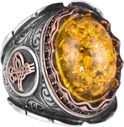 925K Ayar Gümüş Erkek Yüzük, Oluşturulmuş Yüzük, Osmanlı Tuğrası Gümüş Yüzük (Açık Kehribar Oluşturulmuş)