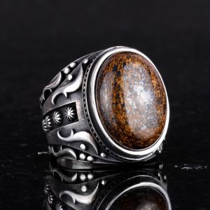 925 Ayar Katı Gümüş Erkek Yüzük, El Yapımı Gerçek Doğal Bronzit Taş Yüzük, Tasarım Gümüş Erkek Yüzük - Görsel 5