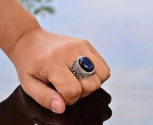 925 Ayar Katı Gümüş Mavi Kedi Gözü Taşı Erkek Yüzük - El Yapımı Stacking Yüzük - Görsel 7