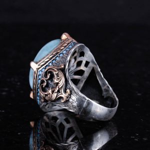 925 Ayar Gümüş Yüzük, Doğal Larimar Taşı ile El Yapımı Vintage Erkek Beyan Yüzüğü - Görsel 7