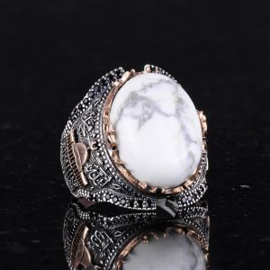 İslami Camii Doğal Howlite Taşlı Erkek Yüzük, 925 Ayar Gümüş Yüzük - Görsel 3