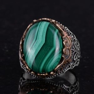 Gerçek Doğal Taş El Yapımı Yüzük - 925 Ayar Gümüş El Yapımı Yüzük - Şık Farklı Yüzük (Malakit) - Görsel 5