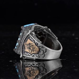 Gerçek Doğal Arizona Turkuaz Taş Yüzük - 925 Ayar Gümüş İslami Yüzük - El Yapımı Vintage Tasarım - Görsel 7