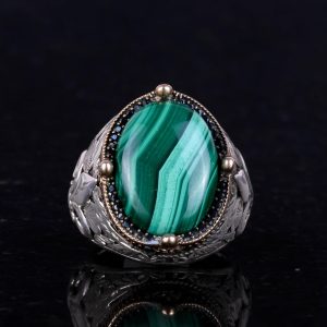 925 Ayar Gümüş El Yapımı Erkek Yüzük - Çeşitli Doğal Taşlarla Mevcut (Malakit) - Görsel 2