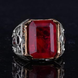 925 Ayar Gümüş El Yapımı Erkek Yüzük - Yapay Taş Yüzük - Erkek Yüzük (Yapay Kırmızı Paraiba) - Görsel 5