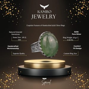 Gerçek Doğal Şeffaf Zümrüt Taşlı Erkek Yüzük, Vintage Yüzük, 925 Ayar Gümüş Yüzük - Görsel 2