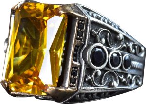 925 Ayar Gümüş Doğal Citrine Taşlı Erkek Gümüş Yüzük, Citrine Taşlı Erkek Yüzüğü, El Yapımı Oymalı Erkek Gümüş Yüzük, Türk Gümüş Yüzüğü, Sarı - Görsel 1