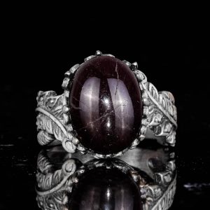 Erkekler için 925 Ayar Gümüş Yüzük ile Doğal Yıldız Garnet Taşı - El Yapımı Yaprak Desenli İfade Yüzüğü - Görsel 4