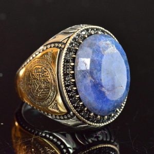 Gerçek Doğal Safir Erkek Yüzük, 925 Ayar Gümüş Yüzük, 15.90 Karat, Taşlı Erkek Yüzük, İslami Yüzük, Gümüş Erkek Takısı - Görsel 4