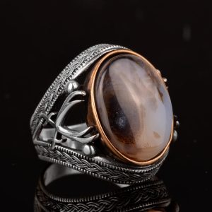 Gerçek Doğal Taş Yüzük - Gümüş Erkek El Yapımı Kılıç Yüzük (Yemeni Akik) - Görsel 4