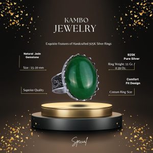 Gerçek Doğal Taş Yüzük - 925 Ayar Gümüş Büyük Yüzük - El Yapımı Yüzük (Jade) - Görsel 2