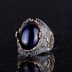 925 Ayar Gümüş Yüzükler, Lacivert Kedi Gözü Oluşturulmuş Taş Yüzük - Görsel 4