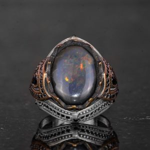 925 Ayar Gümüş Erkek Yüzük - Doğal Opal - Bronz Kaplama Detaylar - El Yapımı Dikkat Çekici Parça - Görsel 4