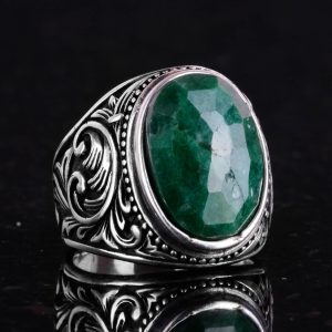 Doğal Zümrüt Taşlı Yüzük - 925 Ayar Gümüş Yüzük Erkekler İçin, Farklı Yüzük - Görsel 6