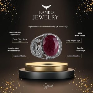 Gerçek Doğal Yakut Taşlı Yüzük, Camii Gümüş Erkek Yüzüğü, 925 Ayar Sterlin Gümüş Yüzük - Görsel 2