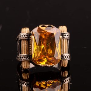 Erkekler için 925 Ayar Gümüş El Yapımı Yüzük, Doğal Olmayan Sitrin Taşı Yüzük - Görsel 5