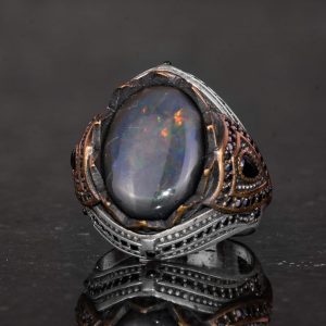 925 Ayar Gümüş Erkek Yüzük - Doğal Opal - Bronz Kaplama Detaylar - El Yapımı Dikkat Çekici Parça - Görsel 6