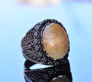 Gerçek Rutilat Kuvars Taşı Yüzük, Sultan Erkek Yüzüğü, Sterlin Gümüş Yüzük, Minimalist Yüzük - Görsel 3