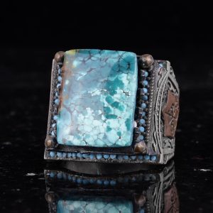Gerçek Doğal Arizona Turkuaz Taş Yüzük - 925 Ayar Gümüş İslami Yüzük - El Yapımı Vintage Tasarım - Görsel 6