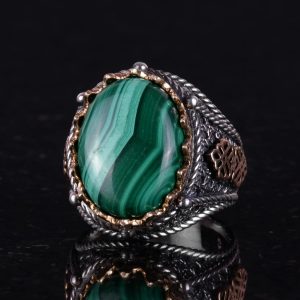 925 Ayar Katı Gümüş Erkek Yüzük, Doğal Malakit Taşlı Yüzük - Görsel 5