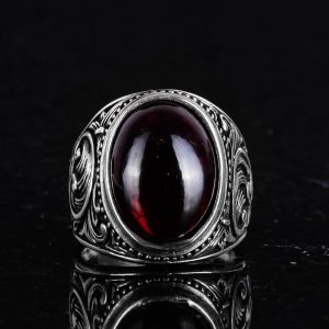 925 Ayar Katı Gümüş Erkek Yüzük, Gerçek Doğal Cabochon Garnet Taş Yüzük, Tasarım Gümüş Erkek Yüzük - Görsel 3