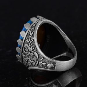 925 Ayar Gümüş Yüzük - Gül Desenli Yüzük - Erkekler için Oluşturulmuş Taş Yüzük (Oluşturulmuş Turkuaz) - Görsel 7