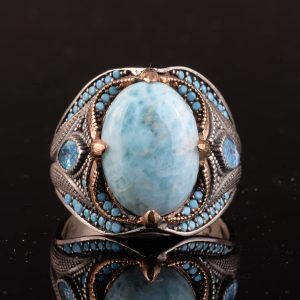 Gerçek Larimar Taşlı Yüzük, 925 Ayar Gümüş Yüzük, Larimar Erkek Yüzüğü, Mavi - Görsel 3