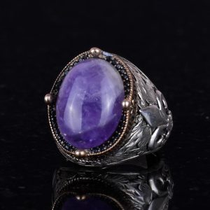 925 Ayar Gümüş El Yapımı Erkek Yüzük - Farklı Doğal Taşlarla Mevcuttur (Ametist) - Görsel 4