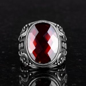 Yapılmış Taş Yüzük, 925 Ayar Gümüş Yüzük, Tasarım Gümüş Erkek Yüzüğü (Yapılmış Granat Taşı) - Görsel 2