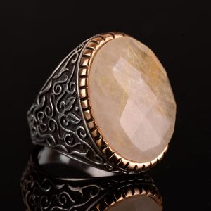 Gerçek Doğal Rutil Kuvars Taşı Erkek Yüzük, 925 Ayar Gümüş Yüzük, Altın Rutil Yüzük - Görsel 6