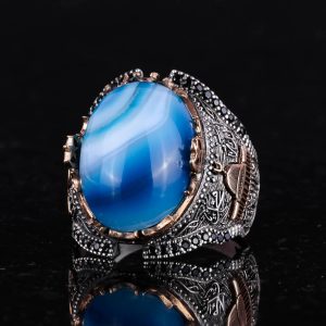 Mavi Akik Taşlı Yüzük, Camii Yüzüğü, 925 Ayar Gümüş Yüzük - Görsel 3