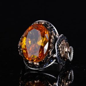 Turuncu Sitrin Taşlı Yüzük, 925 Ayar Gümüş Yüzük, Aslan Sembolü Yüzük, Hayvan Temalı Gümüş Yüzük Tasarımı Erkek Yüzüğü - Görsel 5