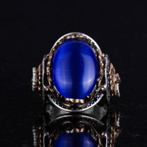 Mavi Kedi Gözlü Taş Yüzük, Aslan Sembolü Erkek Yüzüğü, 925 Ayar Gümüş Tasarım Erkek Yüzüğü - Görsel 4