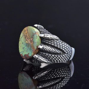 Gerçek Doğal Arizona Turkuaz Taşlı Pençe Yüzük, 925 Ayar Gümüş Yüzük, Vintage İfadesel Yüzük, Şifa Kristali Takı - Görsel 3