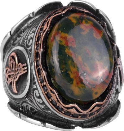 Osmanlı Tuğra Gümüş Yüzük, 925 Ayar Sterlin Gümüş Yüzük, Gerçek Doğal Yeşil Kan Taşı Yüzük Erkekler İçin - Görsel 1