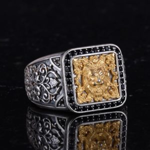 Altın Kaplama Aslan Başı Yüzük - 925 Ayar Gümüş Erkek Yüzüğü - El Yapımı Özel Yüzük - Görsel 5