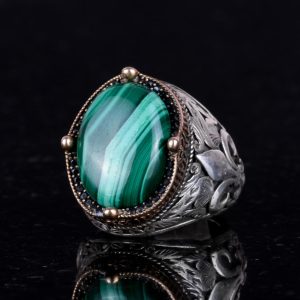 925 Ayar Gümüş El Yapımı Erkek Yüzük - Çeşitli Doğal Taşlarla Mevcut (Malakit) - Görsel 4