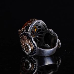 Turuncu Sitrin Taşlı Yüzük, 925 Ayar Gümüş Yüzük, Aslan Sembolü Yüzük, Hayvan Temalı Gümüş Yüzük Tasarımı Erkek Yüzüğü - Görsel 6