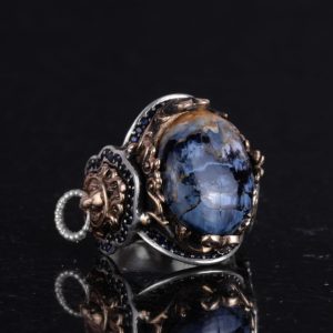 925 Ayar Saf Gümüş Yüzük, Aslan Sembolü Yüzük, Doğal Pietersite Taşı Yüzük - Görsel 6