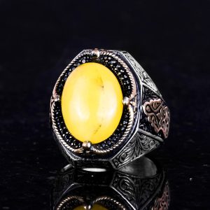 925 Ayar Katı Gümüş Yüzük - Doğal Sarı Akik Taşı Yüzük, Gümüş Erkek Yüzüğü - Görsel 5