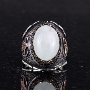 Doğal Cabochon Akuamarin Taş Yüzük, Osmanlı İmparatorluğu Tuğra Gümüş Yüzük, Huzur Temalı 925K Katı Gümüş Erkek Yüzük - Görsel 5