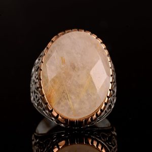 Gerçek Doğal Rutil Kuvars Taşı Erkek Yüzük, 925 Ayar Gümüş Yüzük, Altın Rutil Yüzük - Görsel 4