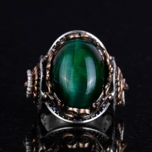 Aslan Sembolü Yüzük, Yeşil Kedi Gözü Taşlı Yüzük, 925 Ayar Gümüş Erkek Yüzük - Görsel 4