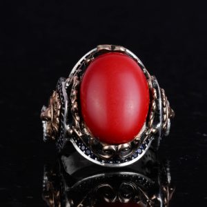 Kırmızı Mercan Taşı Yüzük, 925 Ayar Gümüş Erkek Yüzüğü, Aslan Sembolü Yüzüğü, Hayvan Gümüş Yüzüğü - Görsel 3