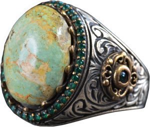 925 Ayar Gümüş Erkek Yüzük Doğal Arizona Turkuaz Taşı ve Ayrıntılı Oymalı Tasarım - Görsel 1