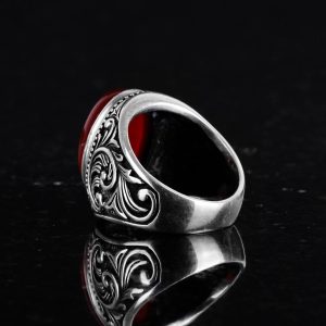 Doğal Kırmızı Akik Taş Yüzük - 925 Ayar Gerçek Gümüş Yüzük Erkekler İçin - Görsel 6
