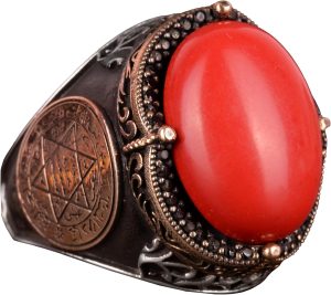 David Yıldızı Yüzük, Yapay Taş Yüzük, 925 Ayar Gümüş Süleyman Yüzüğü (Kırmızı Mercan Yapay)