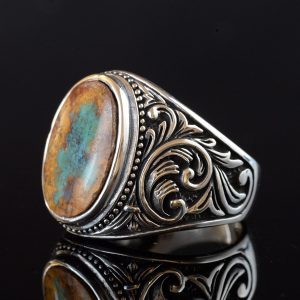 Doğal Arizona Yeşil Turkuaz Taş Yüzük, Vintage Tasarım - 925 Ayar Gümüş Erkek Yüzüğü, El Yapımı - Görsel 4